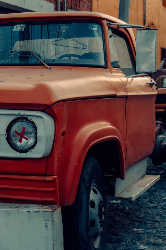 Close-up of a vintage orange truck with a distinctive headlight marking in an urban setting.